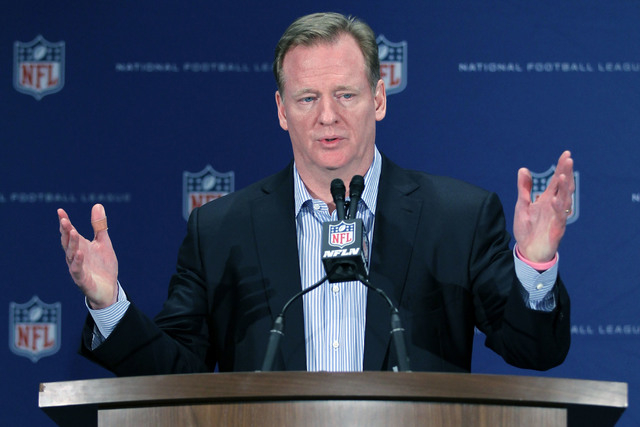 NFL Commissioner Roger Goodell gestures during a press conference at the NFL owners meeting in Boca Raton, Fla. (Luis M. Alvarez/AP)