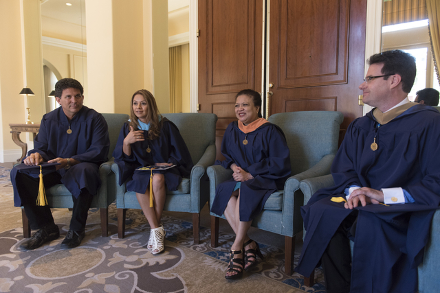 WSU Nevada graduates, from left, James Lemmons Jr., Silvia Mendoza-Stout, Jeannette Magbutay and Sean McDonald speak with a reporter prior to the school's first commencement ceremony at Hilton Lak ...