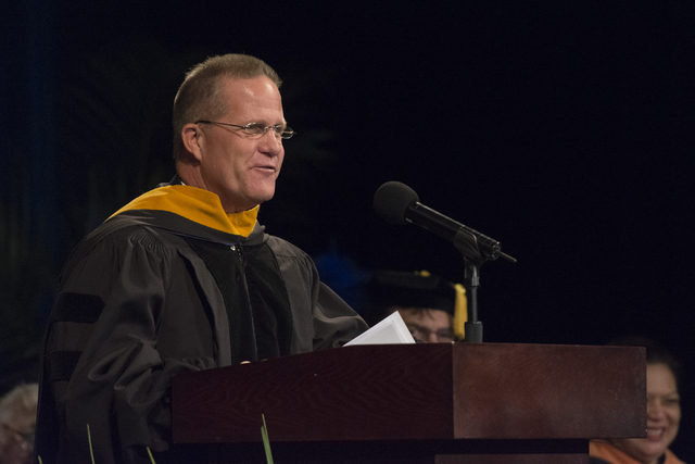 Nevada Lt. Gov. Mark Hutchison delivers commencement address during WSU Nevada's first commencement ceremony at Hilton Lake Las Vegas Resort & Spa on Saturday, May 21, 2016. (Jason Ogulnik/Las ...