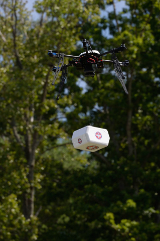 The first FAA-approved drone delivery on U.S. soil. On July 17, 2015, a Flirtey drone delivered medical supplies to a clinic in Wise, Virginia. (Tim C. Cox)
