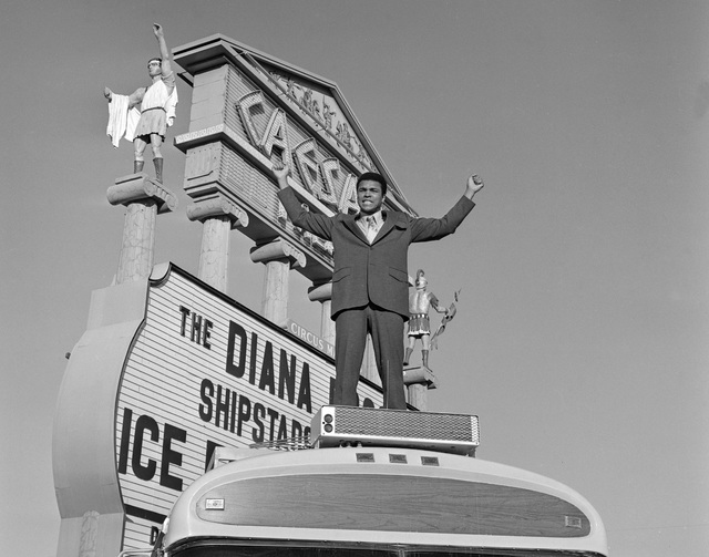 Muhammad Ali poses atop a Blue Bird Wanderlodge motorhome at Caesars Palace in Las Vegas Thursday, Feb. 1, 1973. (Tony King/Las Vegas News Bureau)