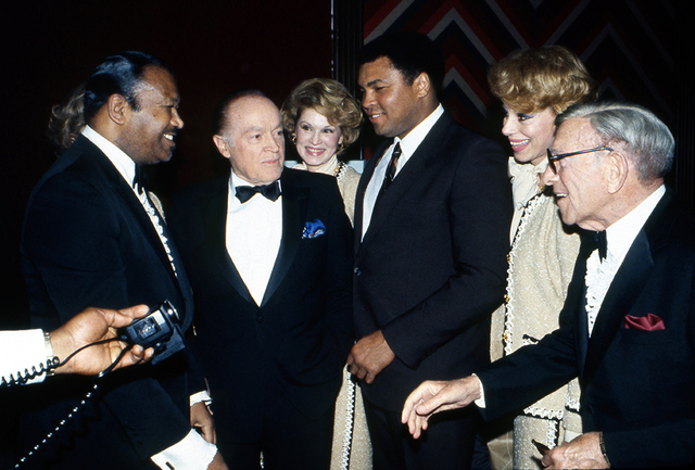 From left, unknown, Bob Hope, Christine McGuire, Muhammad Ali, Dorothy McGuire and George Burns arrive for the announcement of the establishment of the International Boxing Hall of Fame (IBHOF) at ...
