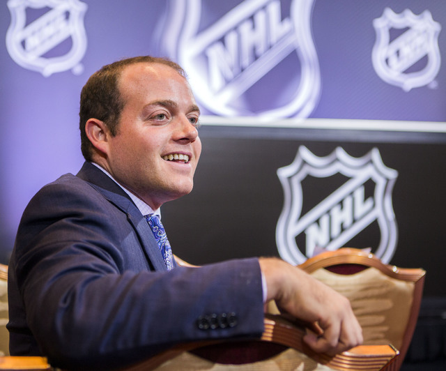 Todd Pollak, VP of ticketing and suites for Hockey Vision Las Vegas, sits for a photo during press conference at Encore Las Vegas to announce Las Vegas as the National Hockey League expansion team ...