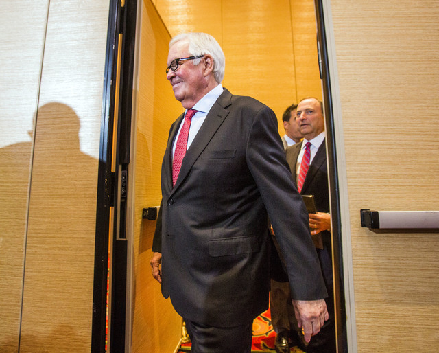 Bill Foley, left, a Las Vegas billionaire businessman and owner of the new National Hockey League expansion team and commissioner Gary Bettman enter for a news conference at Encore Las Vegas on We ...