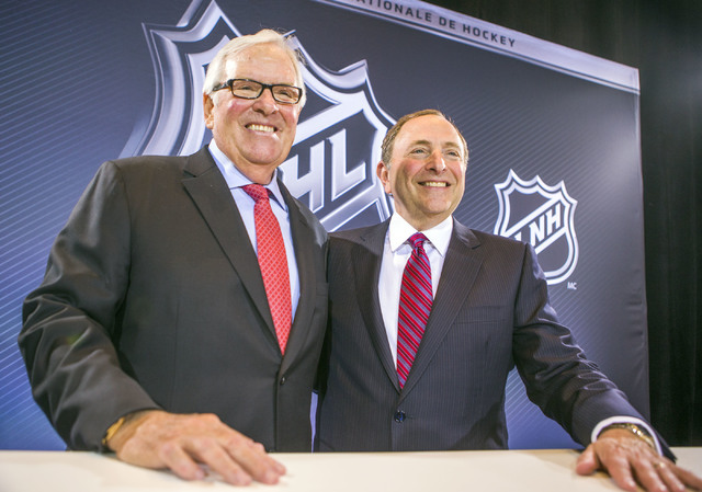 Bill Foley, Las Vegas billionaire businessman and owner of the new National Hockey League expansion team, and commissioner Gary Bettman stand for a photo during a news conference at Encore Las Veg ...