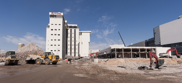 Contractors continue with the ongoing demolition of the Riviera Hotel and Casino in Las Vegas on Wednesday, May 25, 2016. Tower implosions are planned for later in the summer. The Las Vegas Conven ...