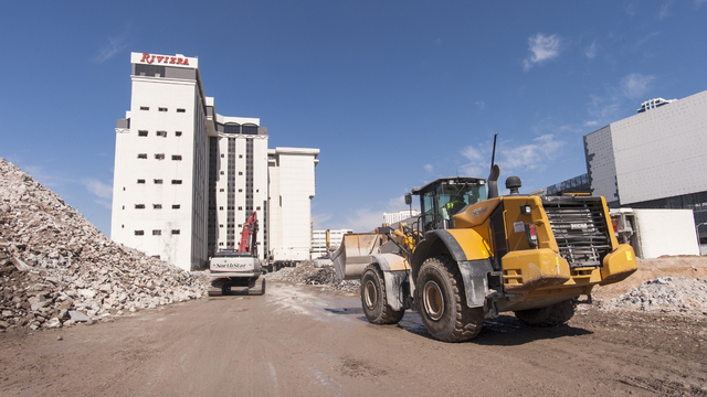 Contractors continue with the ongoing demolition of the Riviera Hotel and Casino in Las Vegas on Wednesday, May 25, 2016. Tower implosions are planned for later in the summer. The Las Vegas Conven ...