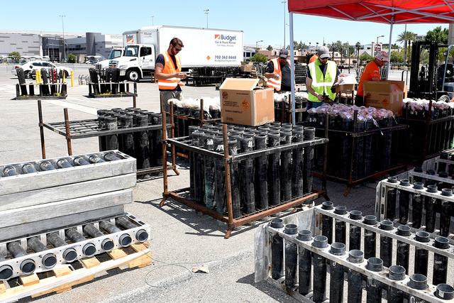 Grucci Fireworks team setting-up for the fireworks show accompanying the implosion of the Riviera hotel Tuesday morning, June 14, 2016 at 2 am to make room for the expansion of the Las Vegas Conve ...