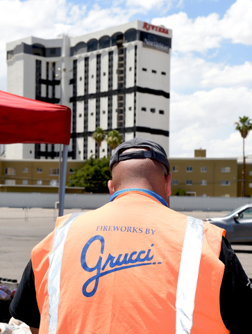 Grucci Fireworks team setting-up for the fireworks show accompanying the implosion of the Riviera hotel Tuesday morning, June 14, 2016 at 2 am. Sunday, June 12, 2016. (Glenn Pinkerton/Las Vegas Ne ...