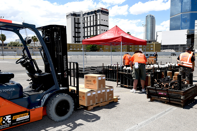 Grucci Fireworks team setting-up for the fireworks show accompanying the implosion of the Riviera hotel Tuesday morning, June 14, 2016 at 2 am. Sunday, June 12, 2016. (Glenn Pinkerton/Las Vegas Ne ...