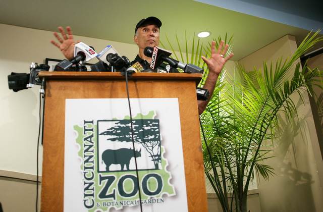 Thane Maynard, Executive Director of the Cincinnati Zoo and Botanical Gardens, speaks to reporters two days after a boy tumbled into a moat and officials were forced to kill Harambe, a Western low ...