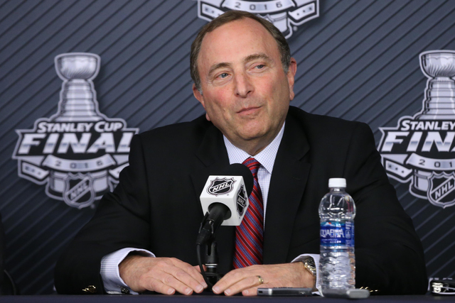 NHL commissioner Gary Bettman speaks to the media before Game 1 of the Stanley Cup final series between the San Jose Sharks and the Pittsburgh Penguins Monday, May 30, 2016. (Charles LeClaire/USA ...
