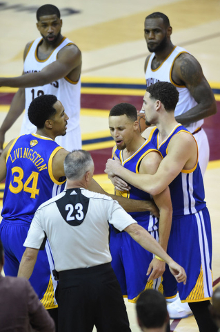 Jun 16, 2016; Cleveland, OH, USA; Golden State Warriors guard Stephen Curry (30) reacts after fouling out of the game in the fourth quarter of game six of the NBA Finals against the Cleveland Cava ...