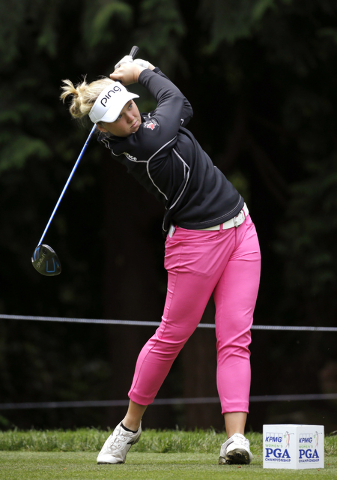 Brooke Henderson, of Canada, tees off in the first round of the Women's PGA Championship golf tournament at Sahalee Country Club Thursday, June 9, 2016, in Sammamish, Wash. (Elaine Thompson/AP)