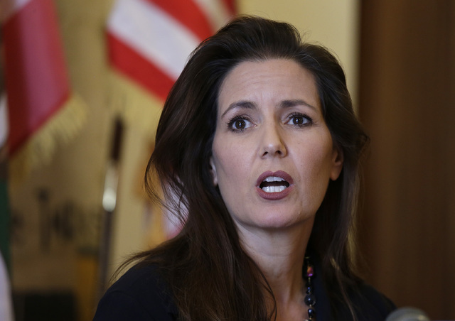 Oakland Mayor Libby Schaaf answers questions during a news conference at City Hall Wednesday, June 15, 2016, in Oakland, Calif. Schaaf removed the interim police chief Wednesday after appointing h ...
