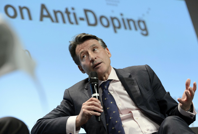 International Association of Athletics Federations president, Britain's Lord Sebastian Coe, speaks during the WADA Symposium for Anti-Doping Organizations in Lausanne, Switzerland, March 14, 2016. ...