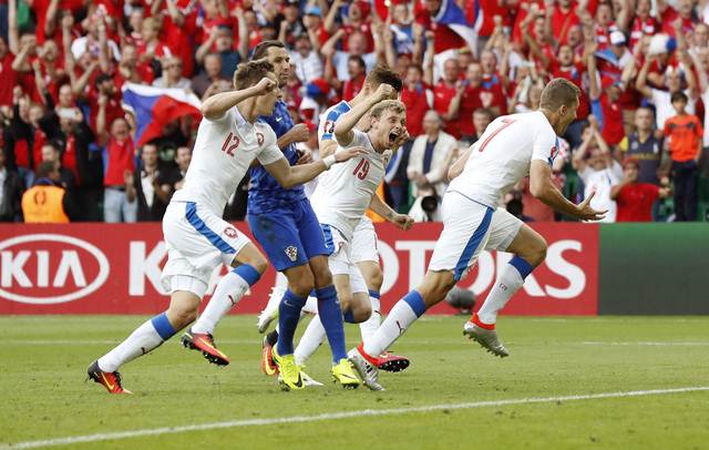 Czech Republic's Tomas Necid, right, celebrates after scoring his side's second goal during the Euro 2016 Group D soccer match between the Czech Republic and Croatia at the Geoffroy Guichard stadi ...