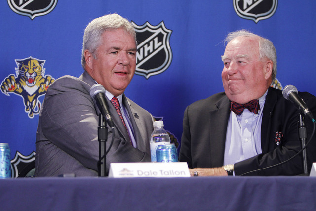 Bill Torrey, right, welcomes Dale Tallon to the Florida Panthers on Tuesday, May 18, 2010, in Sunrise, Fla., where Tallon was named as the team's general manager. (J Pat Carter/AP)