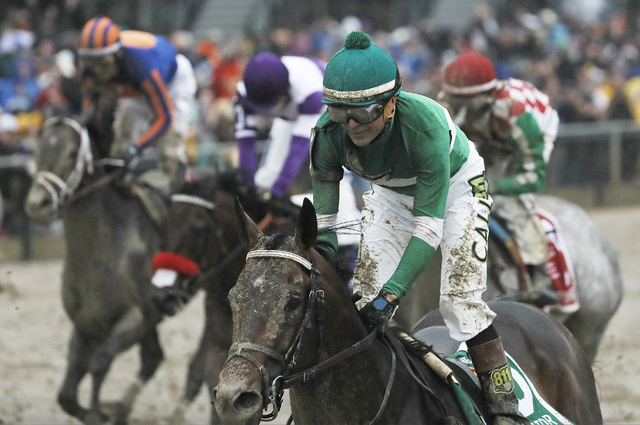 Kent Desormeaux rides Exaggerator to win the 141st Preakness Stakes horse race at Pimlico Race Course, Saturday, May 21, 2016, in Baltimore. (AP Photo/Matt Slocum)