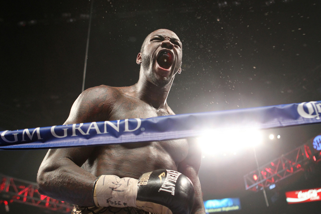 Deontay Wilder reacts at the end of the 12 round in his bout against Bermane Stiverne for the WBC heavyweight title at the MGM Grand Garden Arena in Las Vegas Saturday, Jan. 17, 2015. (Erik Verduz ...