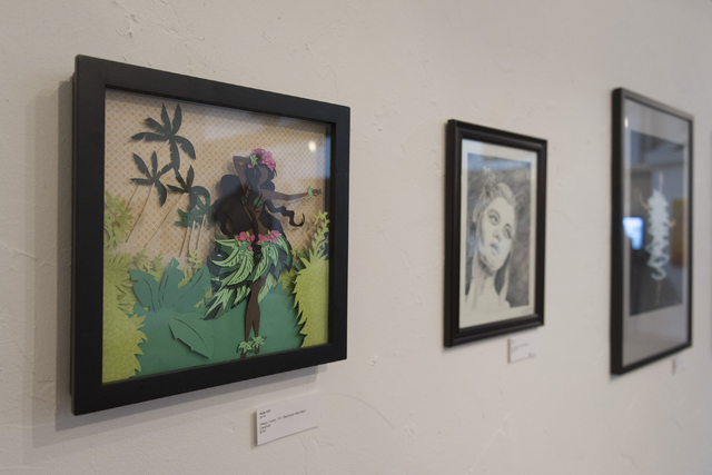 Art is seen during the reception for "The Collective" art show at EDEN Art Studio and Gallery at The Arts Factory in Las Vegas Thursday, June 2, 2016. The show's artists are employees of Cirque du ...