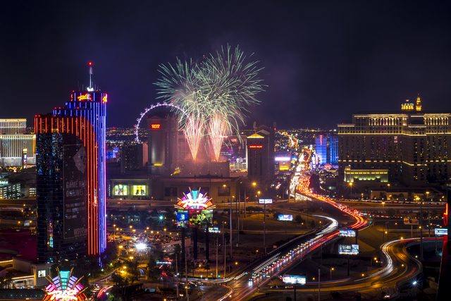 Fireworks explode over the Strip in Las Vegas as seen from ghostbar at the Palms hotel-casino on Saturday, July 4, 2015. (Joshua Dahl/Las Vegas Review-Journal)