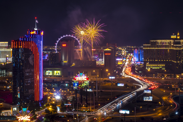 Fireworks explode over the Strip in Las Vegas as seen from ghostbar at the Palms hotel-casino on Saturday, July 4, 2015. (Joshua Dahl/Las Vegas Review-Journal)