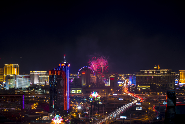Fireworks explode over the Strip in Las Vegas as seen from ghostbar at the Palms hotel-casino on Saturday, July 4, 2015. (Joshua Dahl/Las Vegas Review-Journal)