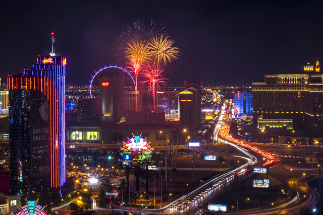 Fireworks explode over the Strip in Las Vegas as seen from ghostbar at the Palms hotel-casino on Saturday, July 4, 2015. (Joshua Dahl/Las Vegas Review-Journal)