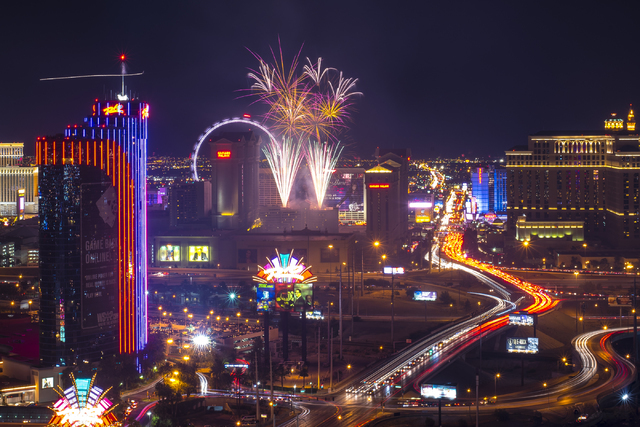 Fireworks explode over the Strip in Las Vegas as seen from ghostbar at the Palms hotel-casino on Saturday, July 4, 2015. (Joshua Dahl/Las Vegas Review-Journal)