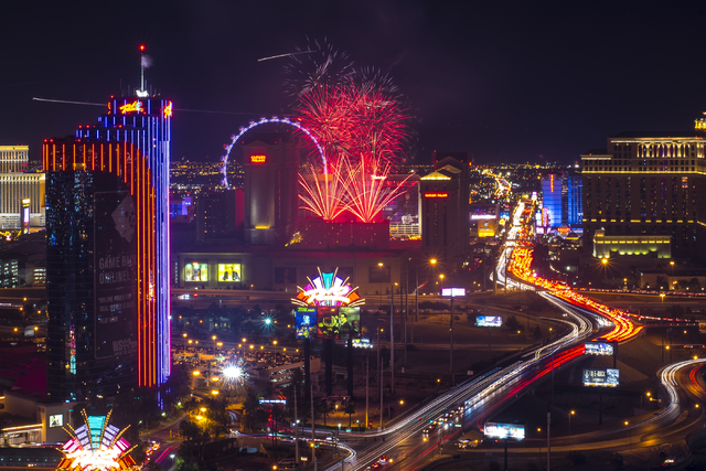 Fireworks explode over the Strip in Las Vegas as seen from ghostbar at the Palms hotel-casino on Saturday, July 4, 2015. (Joshua Dahl/Las Vegas Review-Journal)