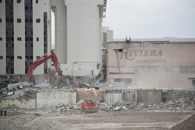 Crews work to demolish parts of the Riviera hotel-casino in Las Vegas on Friday, May 20, 2016. The two main towers are scheduled to be imploded in June and August. Daniel Clark/Las Vegas Review-Jo ...