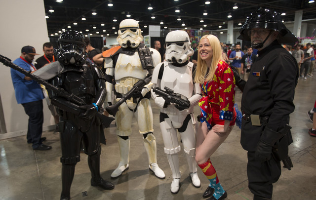 Stephanie Gehl, second from right, poses with fans dressed in Star Wars costume during the Amazing Las Vegas Comic Con at the Las Vegas Convention Center on Saturday, June 18, 2016. (Richard Brian ...