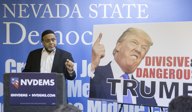 Masjid Ibrahim Director Dr. Aslam Abdullah speaks during a press conference held at the Nevada State Democratic Party headquarters in Las Vegas on Friday, June 17, 2016. (Richard Brian/Las Vegas R ...