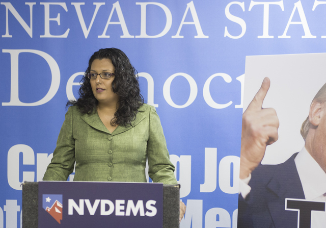 Hispanic Legislative Caucus Chairwoman Assemblywoman Olivia Diaz speaks during a press conference held at the Nevada State Democratic Party headquarters in Las Vegas on Friday, June 17, 2016. (Ric ...