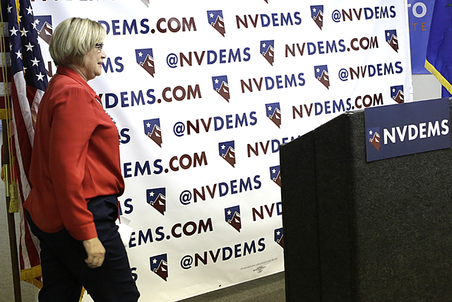 NVDEMS Party Chair Roberta Lange takes the podium Monday, June 6, 2016, during a press conference to respond to Donald Trump's attacks accusing U.S. District Judge Gonzalo Curiel of a conflict of ...