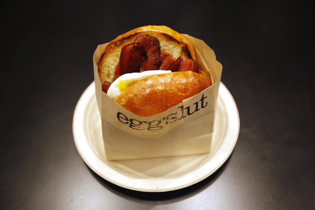 A bacon, egg, and cheese sandwich from Eggslut is seen at the new Cosmopolitan location in Las Vegas on Wednesday, June 8, 2016. Rachel Aston/Las Vegas Review-Journal Follow @rookie__rae