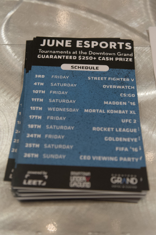 Flyers listing the June e-sports tournaments sit on a table at the Downtown Underground e-sports lounge at Downtown Grand hotel-casino in Las Vegas on Friday, June 3, 2016. Jason Ogulnik/Las Vegas ...