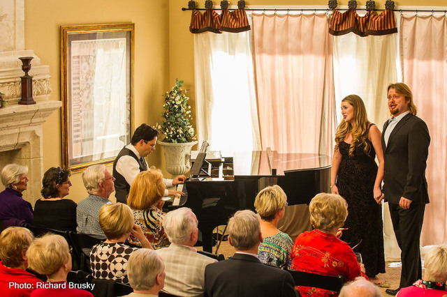 Viktor Antipenko and Suzanne Vinnik perform in front of the audience with Dennis Doubin at the piano during a fundraiser for Opera Las Vegas Feb. 13, 2016, in the home of Chris and Anita Murray, O ...