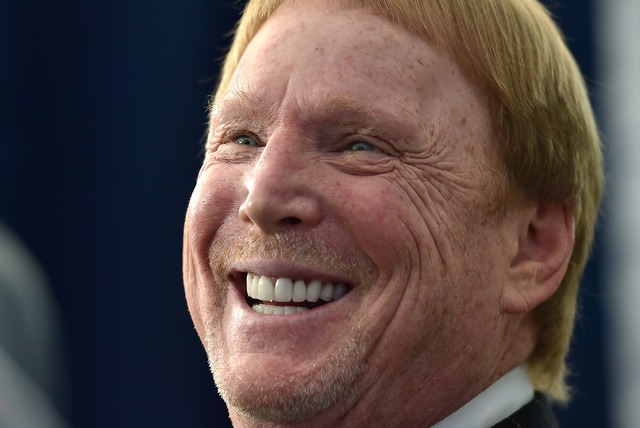 Oakland Raiders owner Mark Davis speaks with the media before the Gridiron Greats Hall of Fame Induction dinner at the Silverton hotel-casino Friday, June 3, 2016, in Las Vegas. (David Becker/Las  ...
