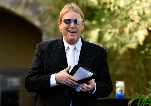 Oakland Raiders owner Mark Davis arrives at the Gridiron Greats Hall of Fame Induction dinner at the Silverton hotel-casino Friday, June 3, 2016, in Las Vegas. (David Becker/Las Vegas Review-Journ ...