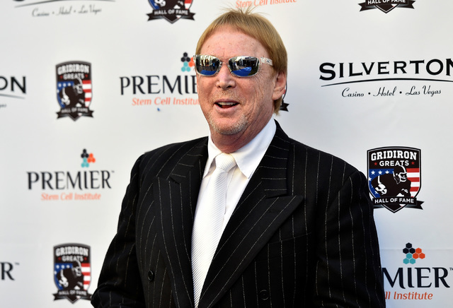 Oakland Raiders owner Mark Davis arrives at the Gridiron Greats Hall of Fame Induction dinner at the Silverton hotel-casino Friday, June 3, 2016, in Las Vegas. (David Becker/Las Vegas Review-Journ ...