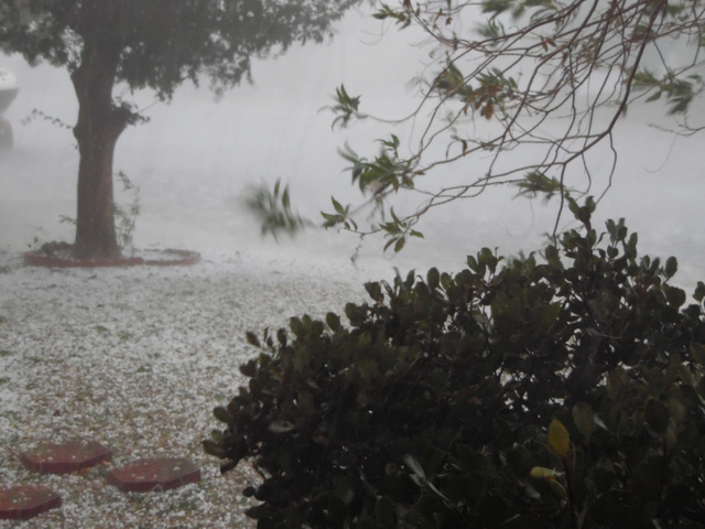 Hail piles up in a yard on Brockton Way in Henderson Thursday, June 30, 2015. Natalie Burt/Special to the Las Vegas Review-Journal