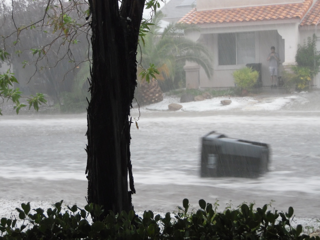 Trevor Hochman, 19, takes a picture of garbage can floating along Brockton Way in Henderson Thursday, June 30, 2015. Natalie Burt/Special to the Las Vegas Review-Journal