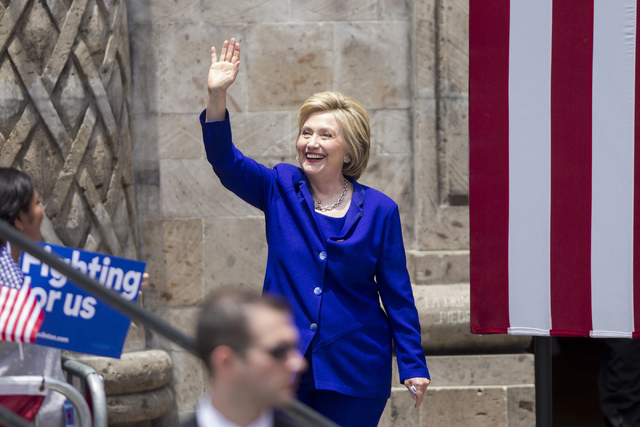 Democratic presidential candidate Hillary Clinton waves as she takes the stage during a campaign rally at Plaza Mexico on Monday, June 6, 2016, in Lynwood, Calif. Erik Verduzco/Las Vegas Review-Jo ...