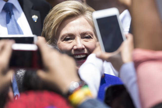 Democratic presidential candidate Hillary Clinton greets supporters during a campaign rally at Plaza Mexico on Monday, June 6, 2016, in Lynwood, Calif. Erik Verduzco/Las Vegas Review-Journal Follo ...