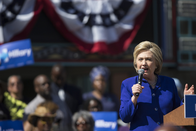 Democratic presidential candidate Hillary Clinton speaks during a campaign rally at Leimert Park Village Plaza on Monday, June 6, 2016, in Los Angeles, Calif. Erik Verduzco/Las Vegas Review-Journa ...