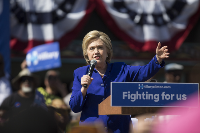 Democratic presidential candidate Hillary Clinton speaks during a campaign rally at Leimert Park Village Plaza on Monday, June 6, 2016, in Los Angeles, Calif. Erik Verduzco/Las Vegas Review-Journa ...