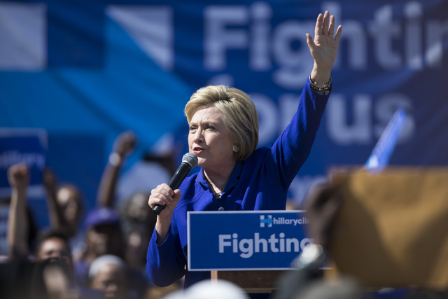 Democratic presidential candidate Hillary Clinton speaks during a campaign rally at Leimert Park Village Plaza on Monday, June 6, 2016, in Los Angeles, Calif. Erik Verduzco/Las Vegas Review-Journa ...