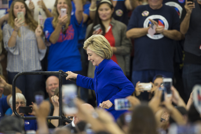 Democratic presidential candidate Hillary Clinton takes the stage during a campaign rally at the Long Beach City College, Hall of Champions Gym on Monday, June 6, 2016, in Long Beach, Calif. Erik  ...